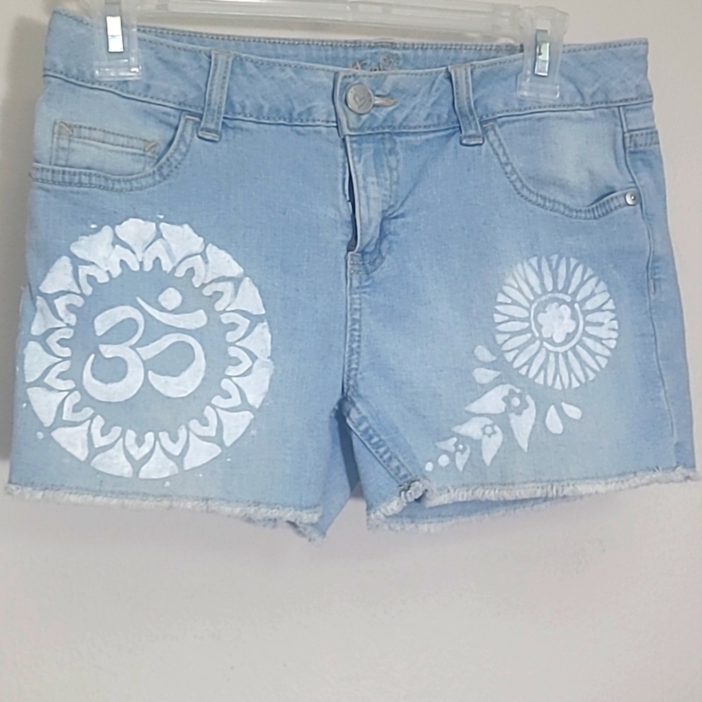 Shorts cut off blue jean denim shorty with custom Om & Mandela designs Bohemian